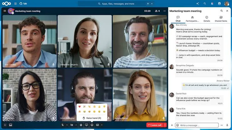 A Talk meeting with video and chat in Kaukus Nextcloud
